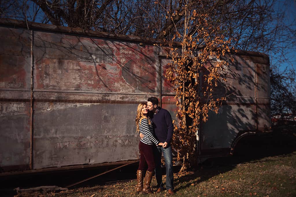 engagement photo with vintage trailer 