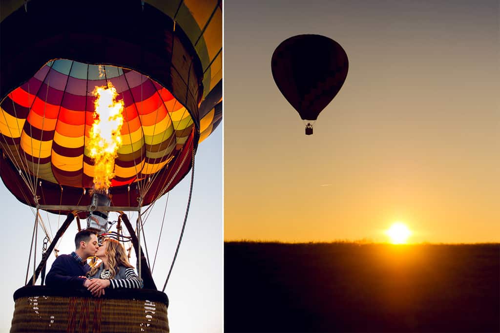 up up and away engaged couple takes a hot air balloon ride