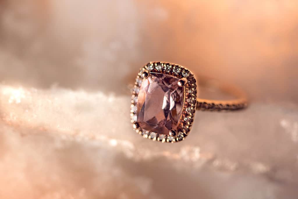 rose gold morganite engagement ring with pave diamonds 
