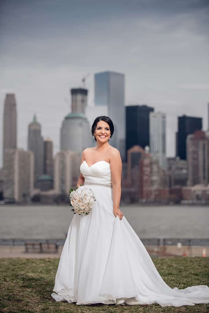 Bride at Liberty State Park - NYC Skyline