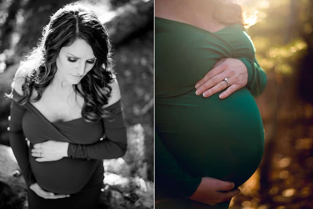 Ethereal Maternity Session in Forest with emerald green gown 