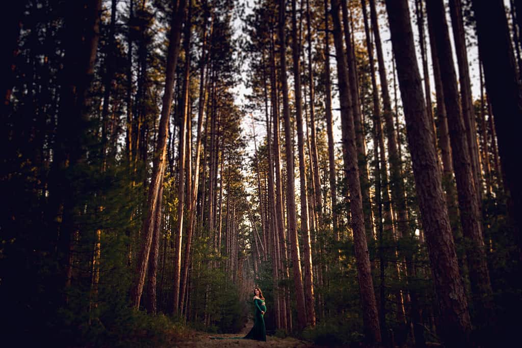 Ethereal Maternity Session in Forest with emerald green gown with train