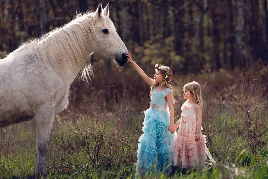 Ethereal girls portraits with horse wearing dollcake vintage dresses