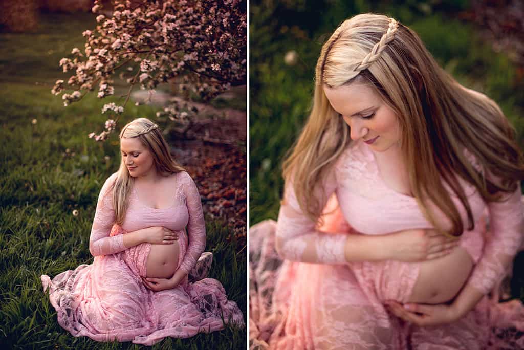 Spring maternity shoot with ethereal pink lace maternity dress at a flowering orchard