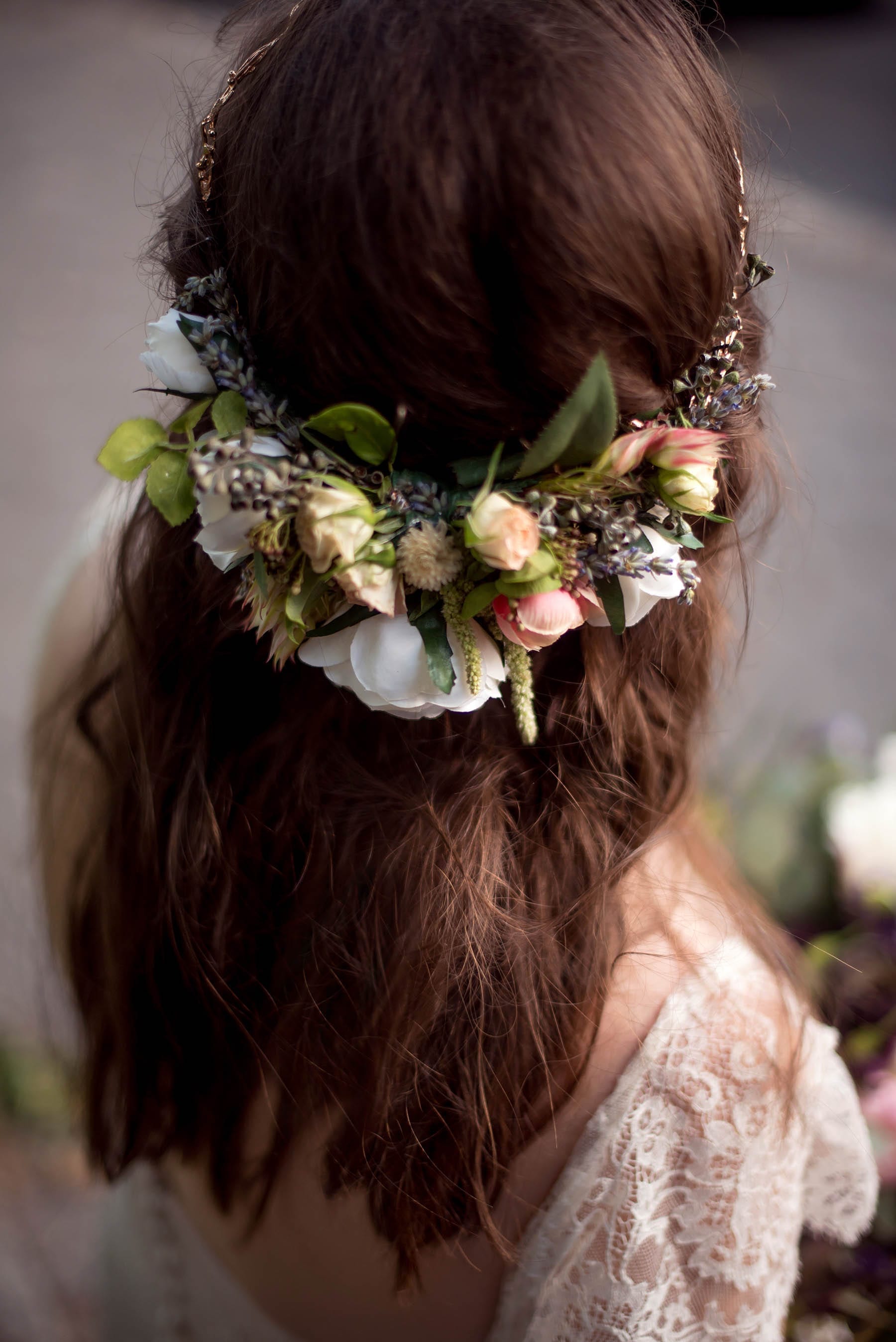 Elegant bridal floral crown with gold band 