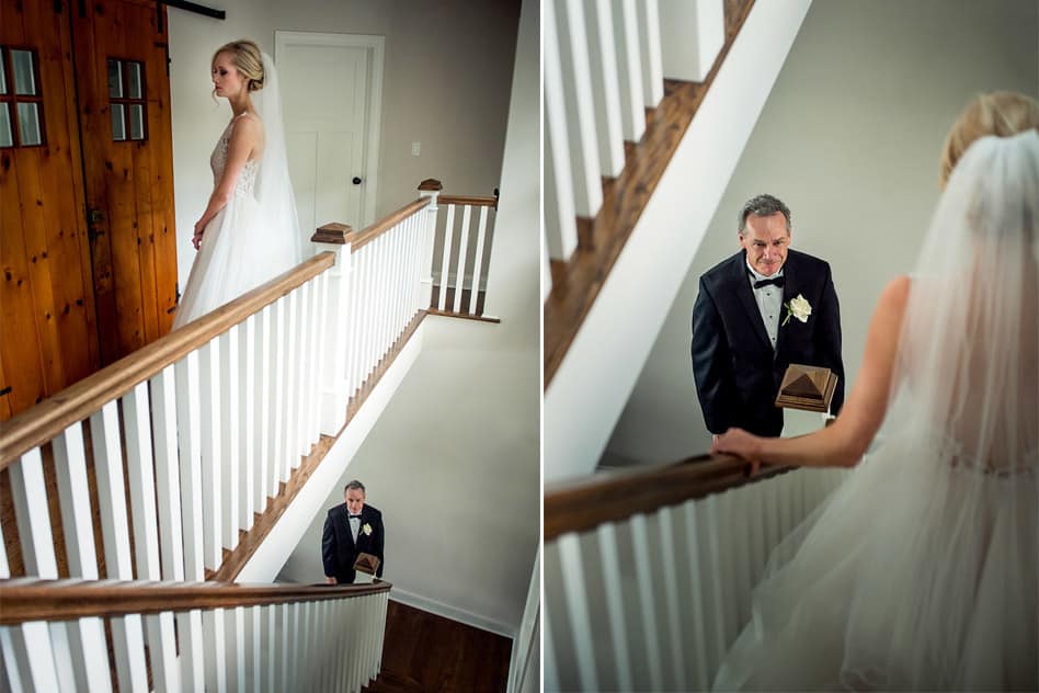 father daughter first look on staircase
