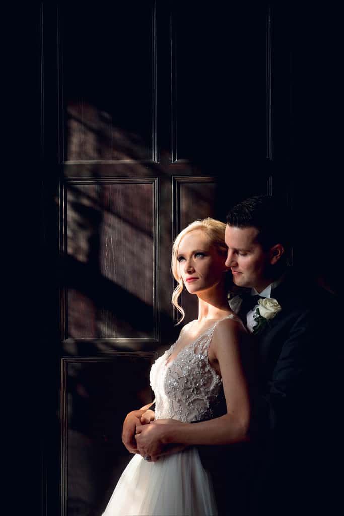 Dramatic Bride and Groom Portrait in Library at Scranton Cultural Center
