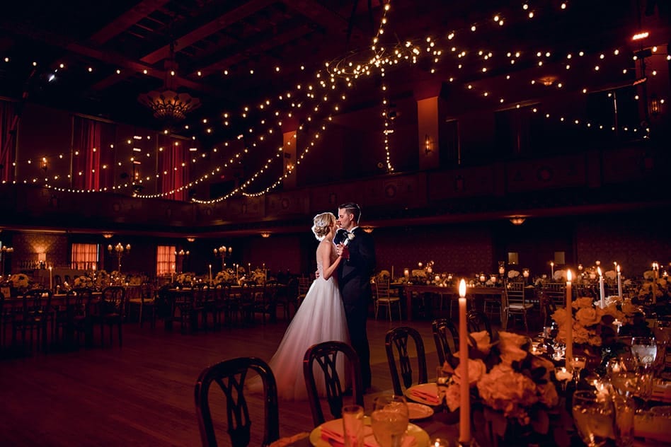 Bride and Groom with tablescapes at Scranton Cultural Center wedding