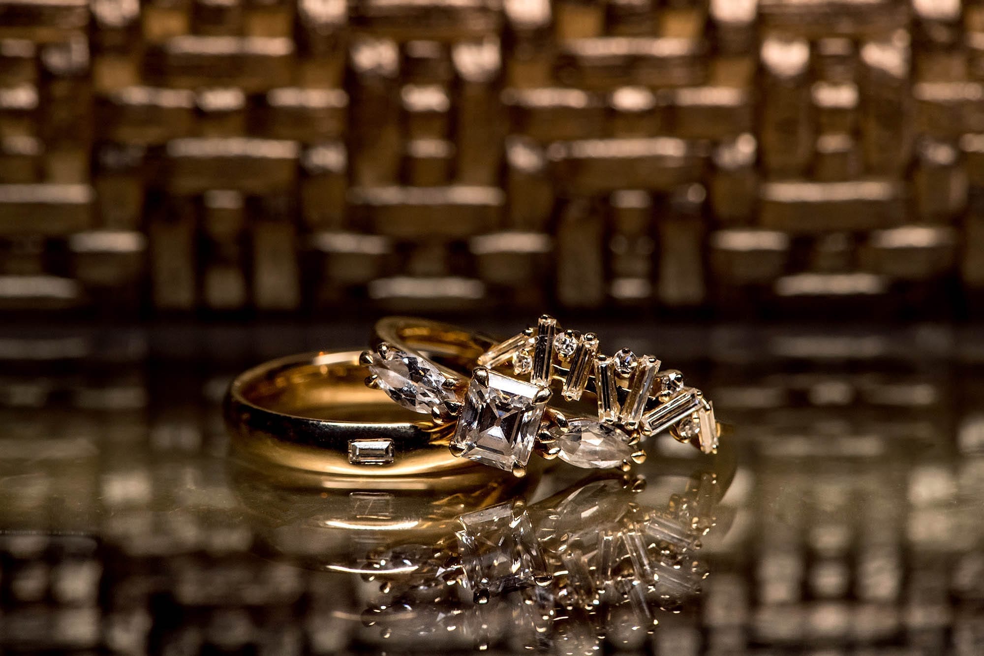 geometric shaped diamond engagement and wedding rings