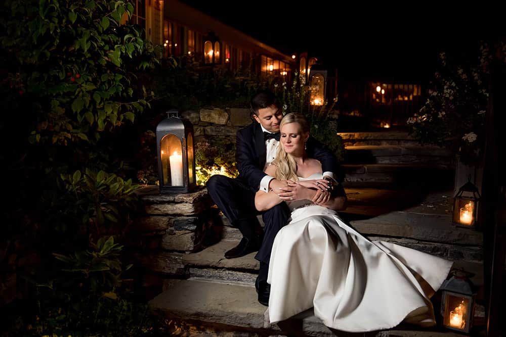 Romantic candlelit evening bride and groom portrait at bedford post inn