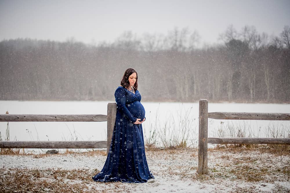 Winter Maternity Session with Navy Blue Maternity Gown