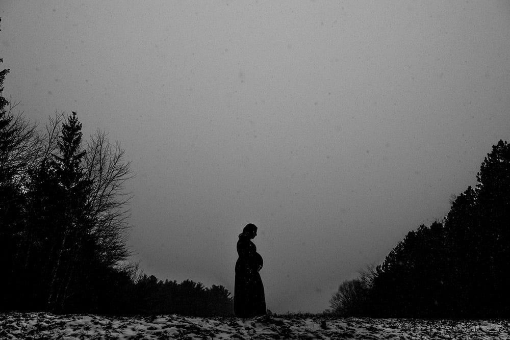 Winter Maternity Session Black and White Snowy Silhouette 