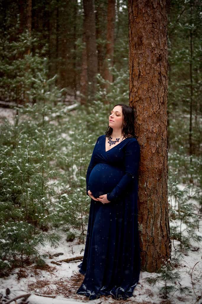 Winter Maternity Session with Navy Blue Maternity Gown