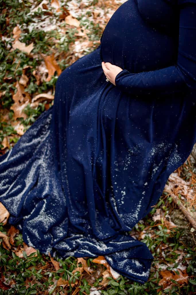 Snowy Maternity Session with Navy Blue Maternity Gown