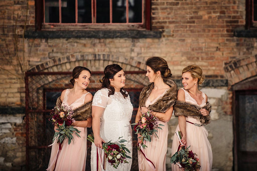 bridesmaids portrait downtown Hudson NY winter wedding - dresses by BHLDN