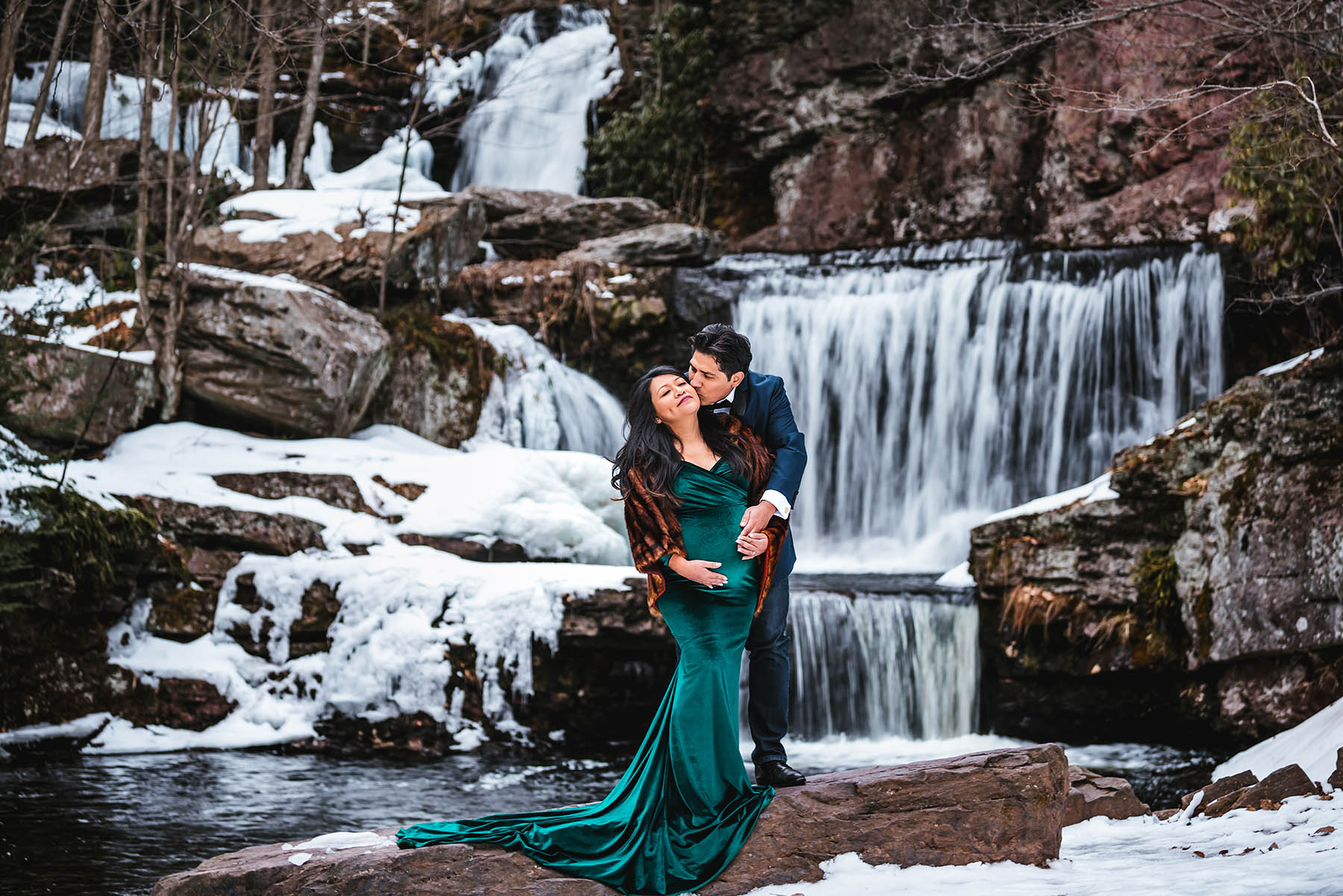 Poconos Winter Frozen Waterfall Maternity Session // Velvet off shoulder maternity dress with train by Silk Fairies 