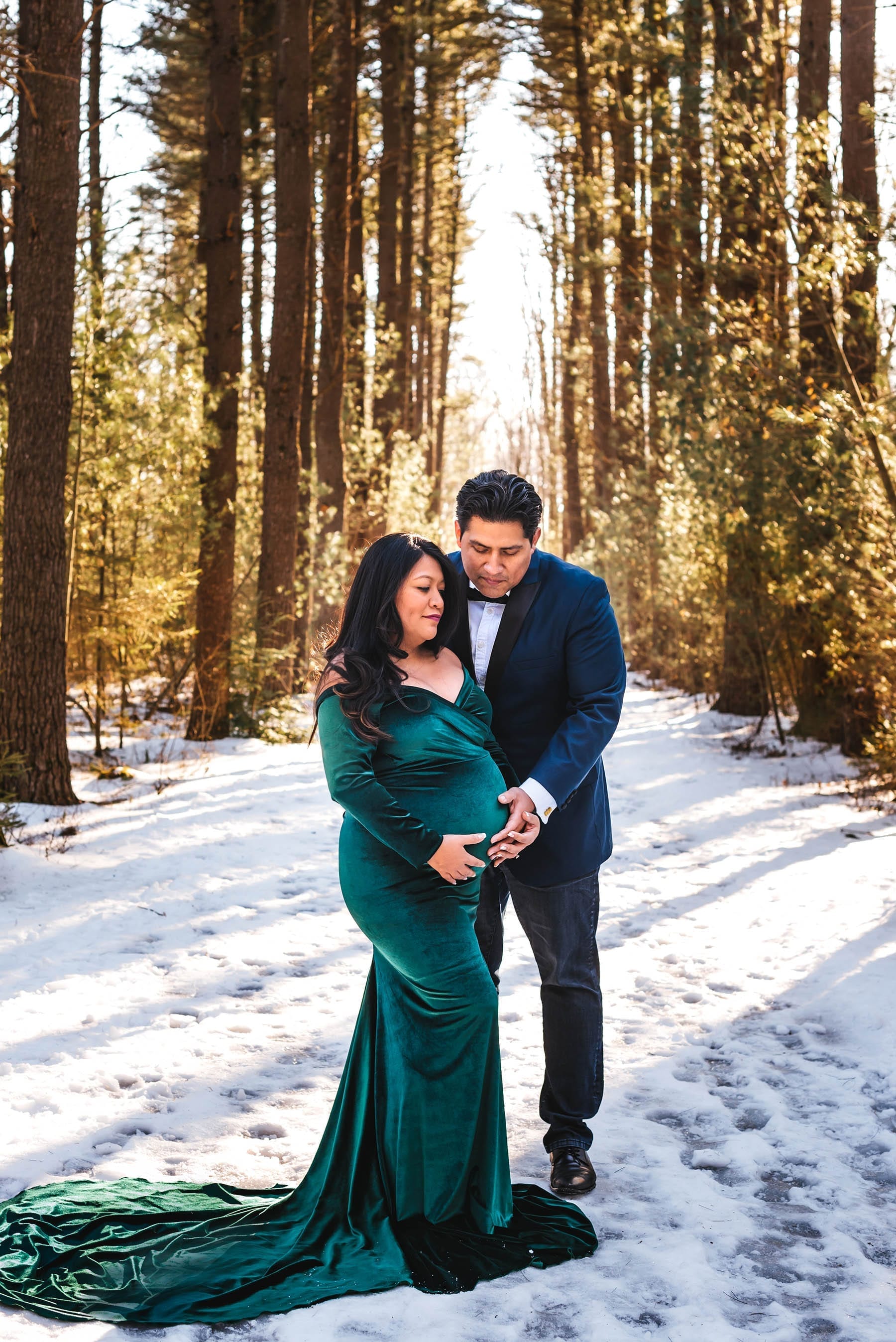 Poconos Winter Forest Maternity Session // Velvet off shoulder maternity dress with train by Silk Fairies 