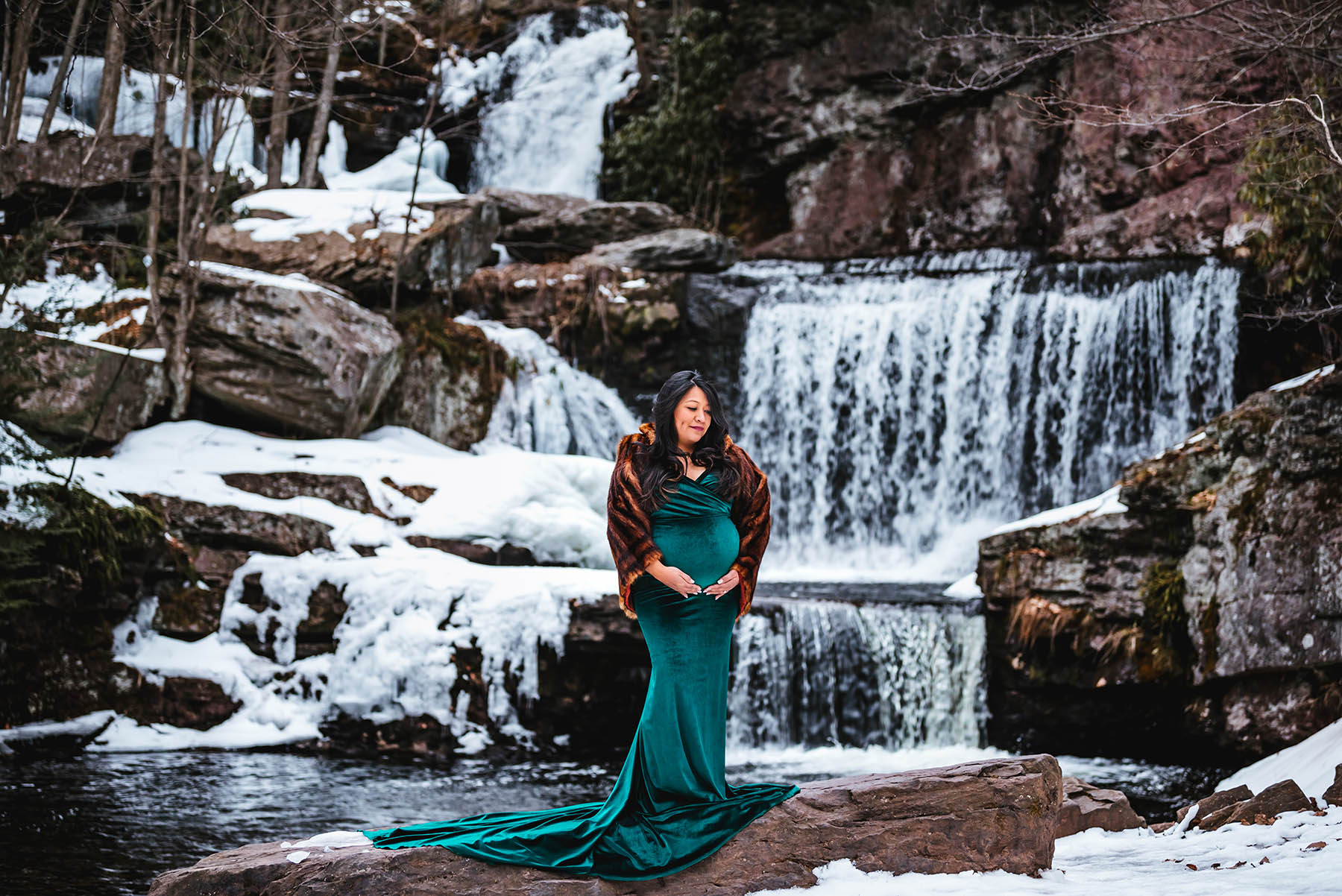 Poconos Winter Frozen Waterfall Maternity Session // Velvet off shoulder maternity dress with train by Silk Fairies 