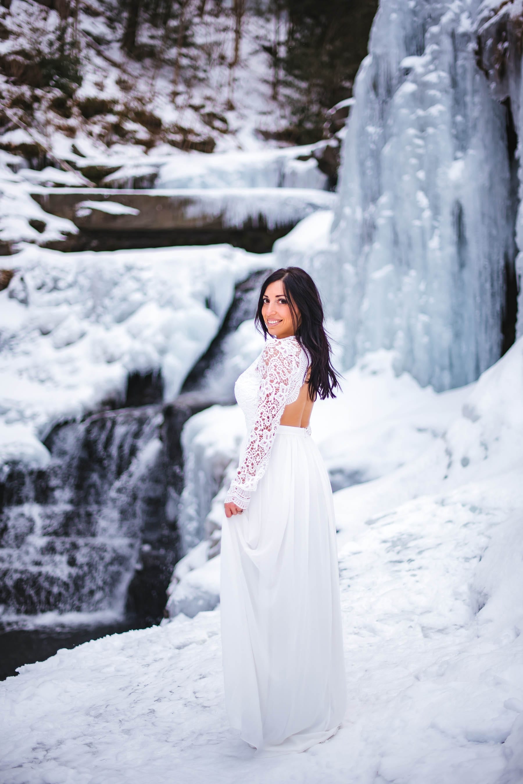 Ledges Hotel Poconos PA // Frozen Waterfall // Boho Adventure Elopement // Long sleeve lace dress by Lulus