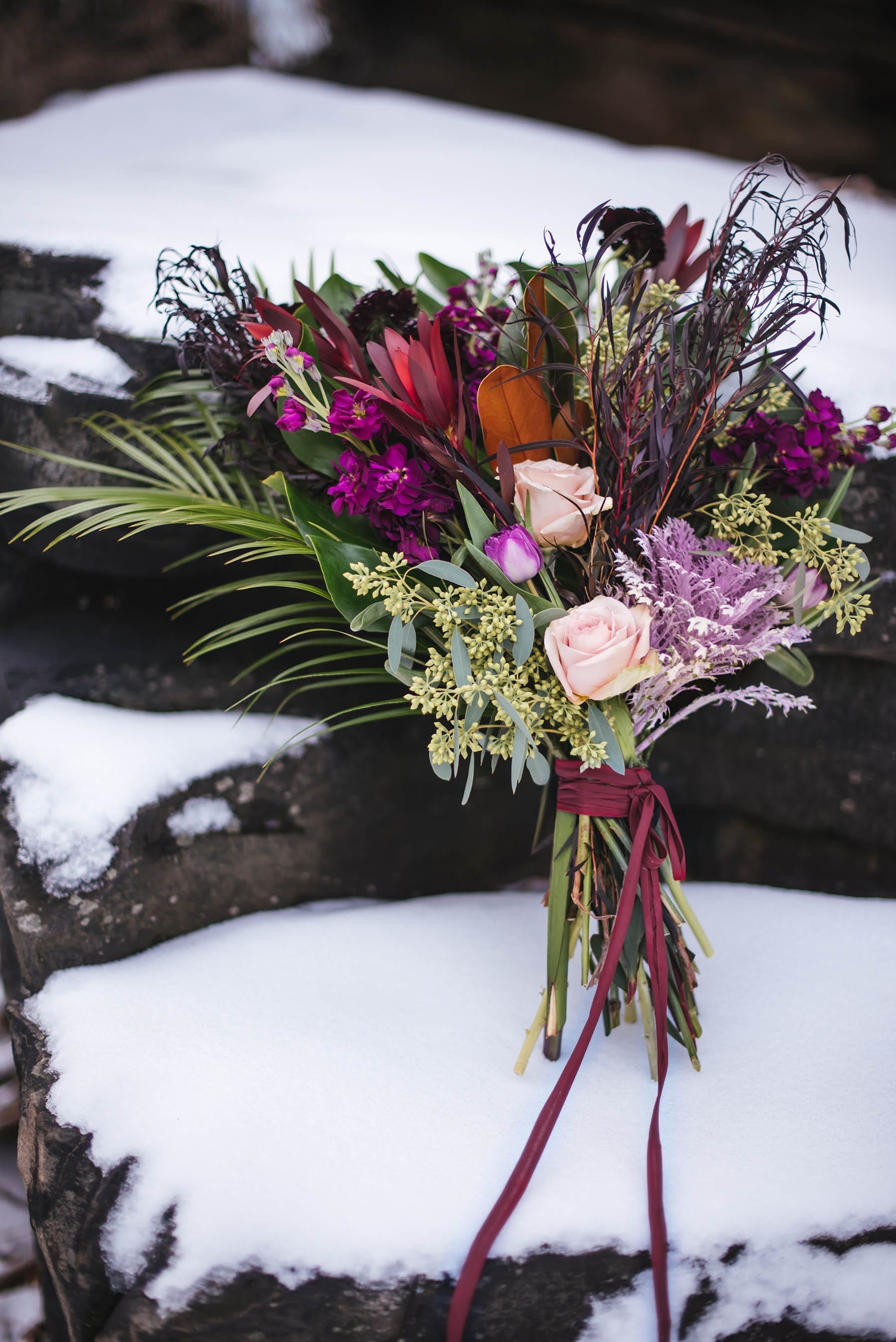 Ledges Hotel Poconos PA // Frozen Waterfall // Boho Adventure Elopement // Winter bridal bouquet