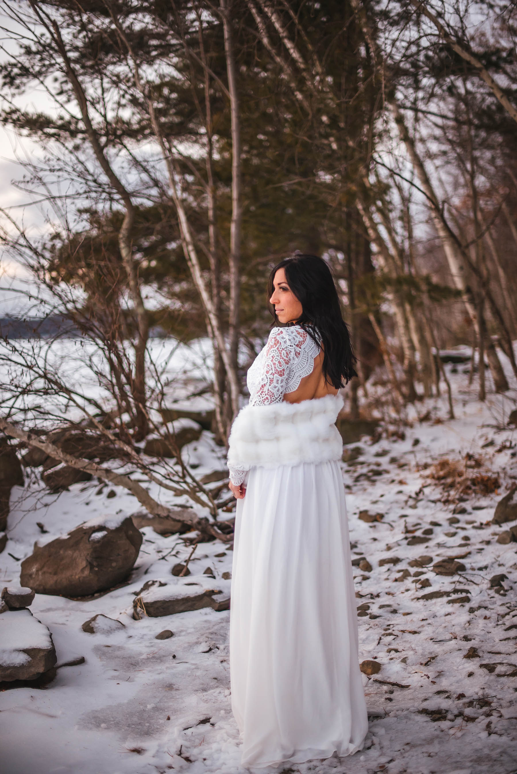 Poconos PA // Frozen Lake // Boho Adventure Elopement // Long sleeve lace dress by Lulus