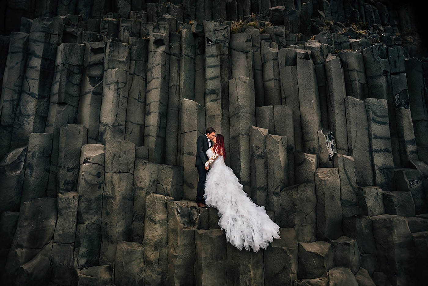 Wedding Photos on Basalt Columns at Reynisfjara Black Sand Beach Iceland