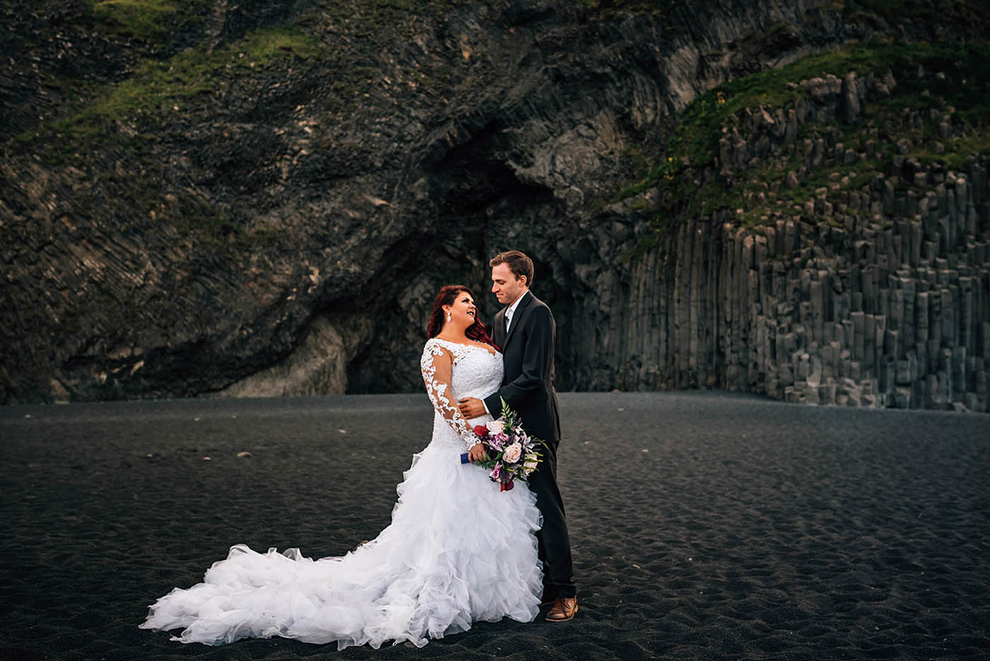 Wedding photos on Reynisfjara Black Sand Beach Iceland