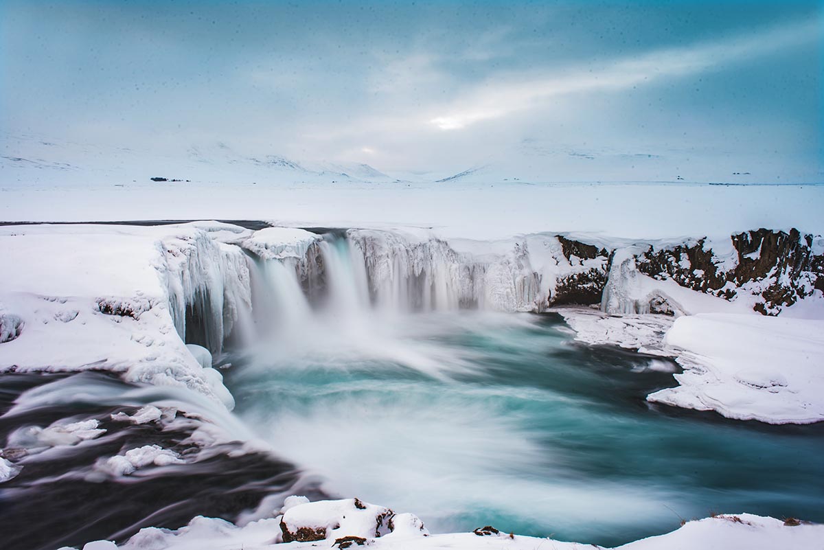 Goðafoss waterfall in winter