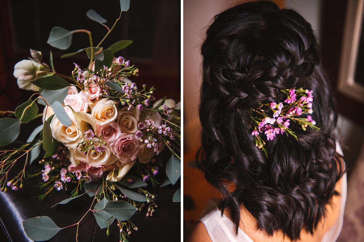 Boho wedding hair and Garden style bridal bouquet 