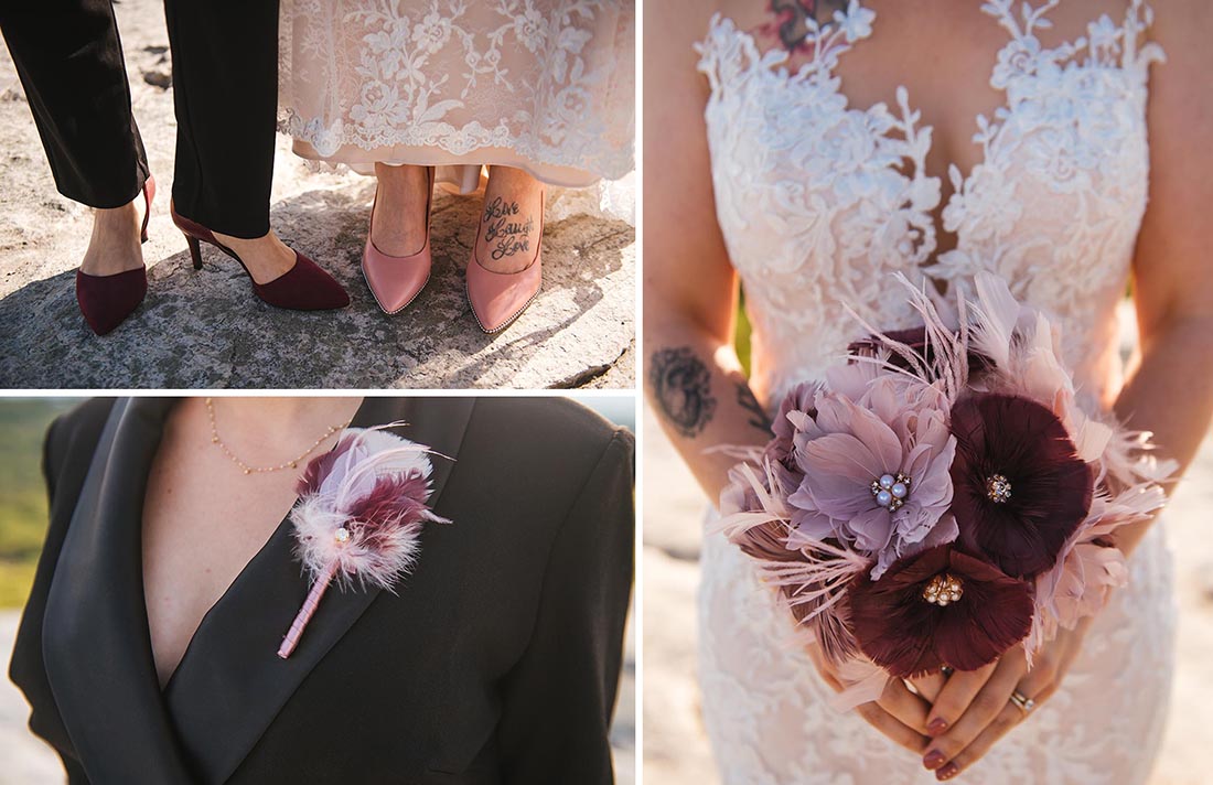feather bouquet and boutonniere 