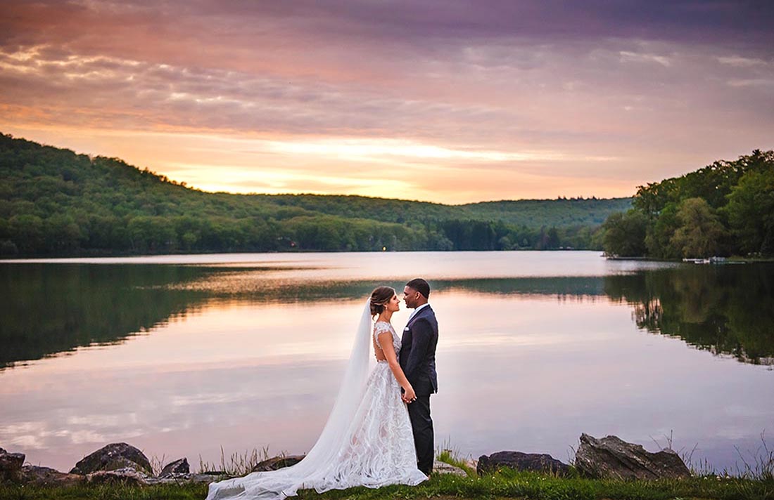 Skytop Lodge Sunset Wedding photos at lake 
