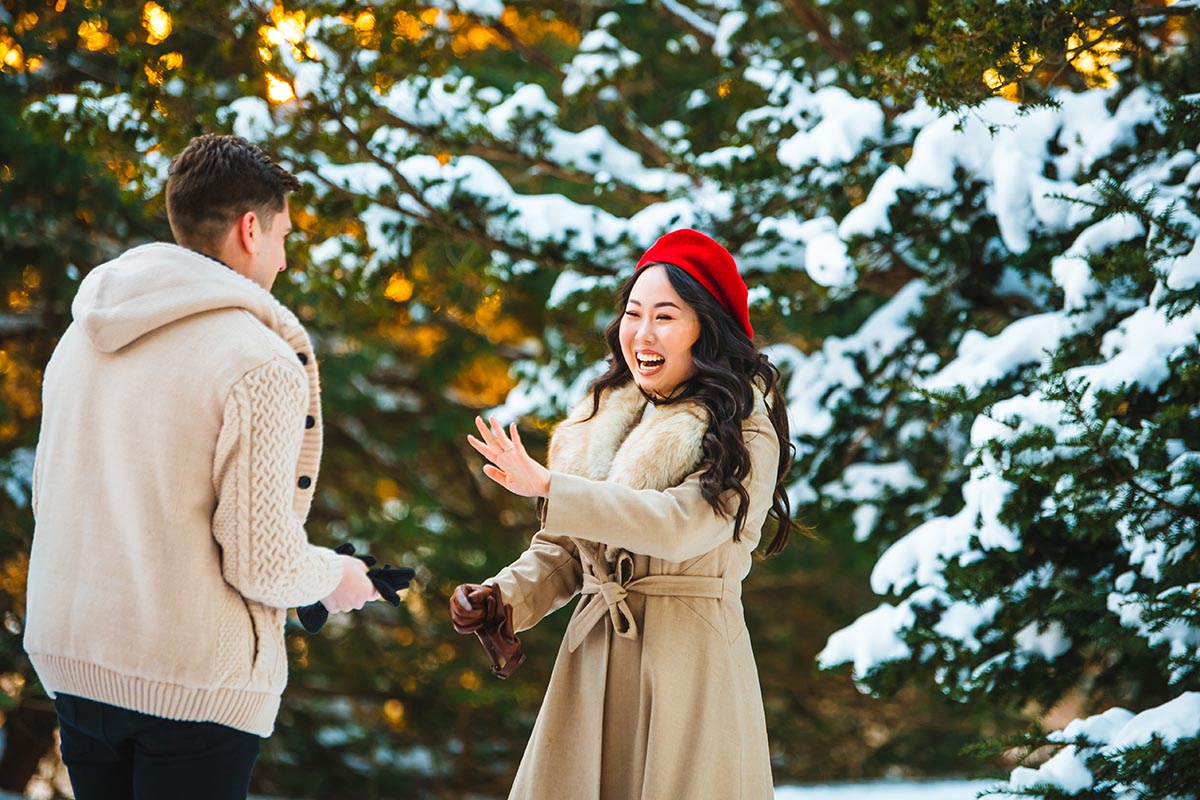 Romantic winter surprise proposal 