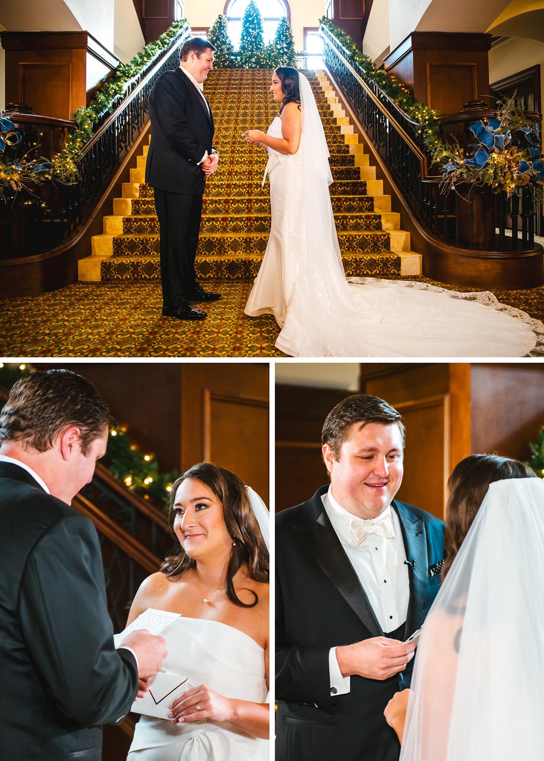 First Look on grand staircase at The Crane Club at Tesoro Winter Wedding